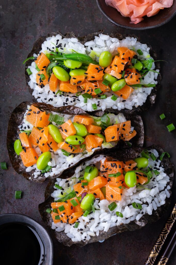Vegan Sushi Tacos with Plant based salmon, wakame and edamame